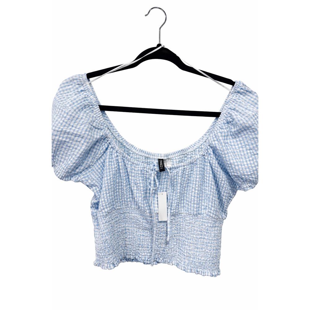 Divided Blue Gingham Smocked Puff Sleeve Crop Top Coquette Cottagecore Medium